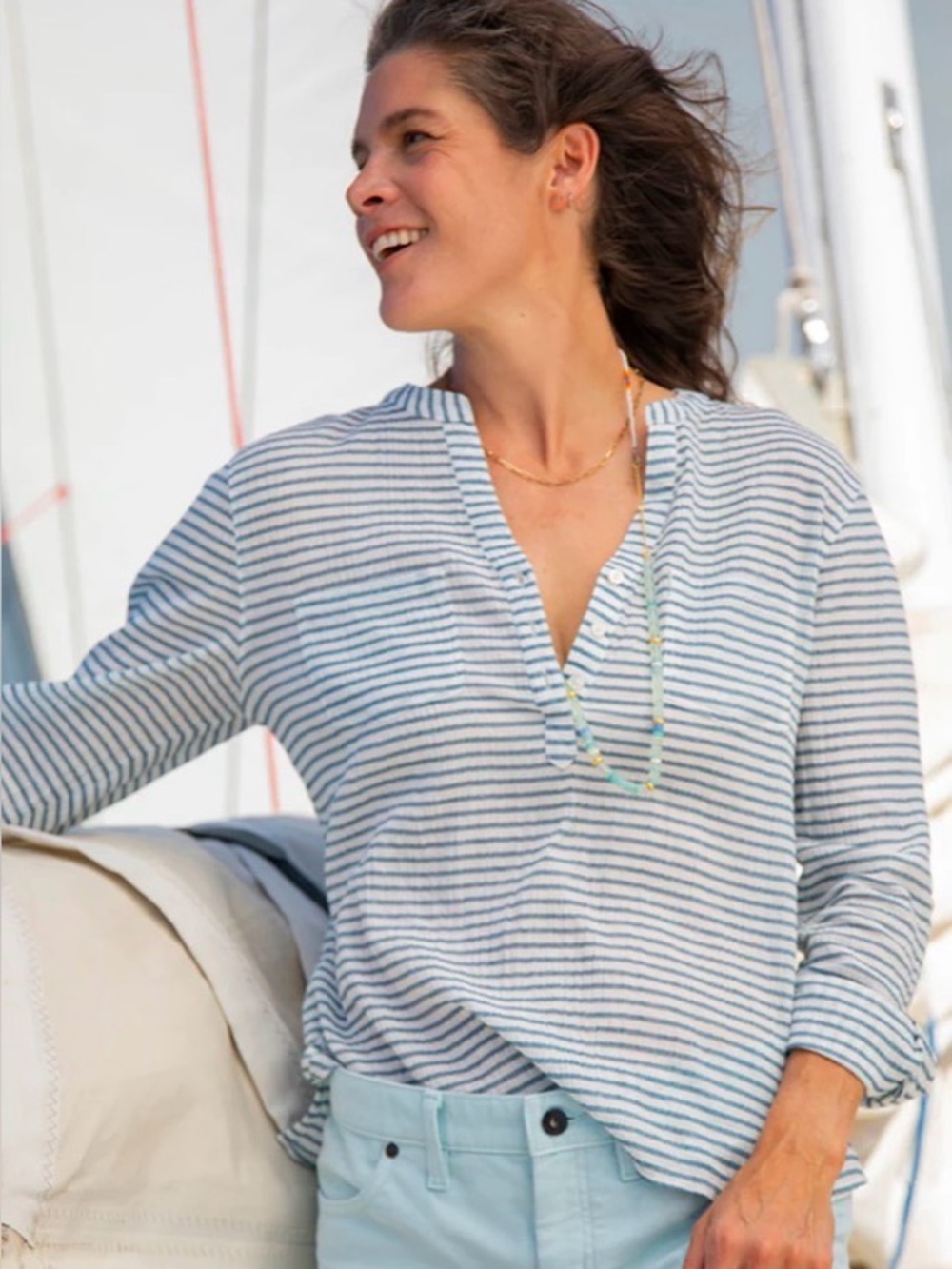 Carve Dylan Gauze Light Blue and Green Striped V-Neck Tunic Top